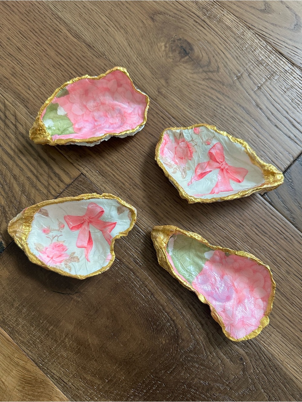 Handcrafted Decoupage Oyster Shell Trinket Dish Set Pink Floral Gold Rim Coastal